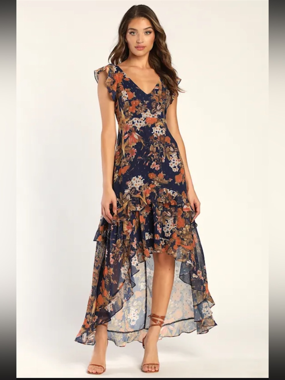 Lulus Stunning Favorite Navy Blue Floral Ruffled High-low Maxi Dress - Size S